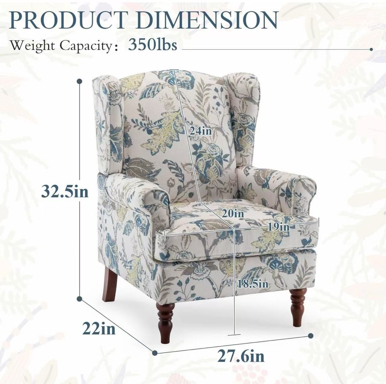 🥨 ✌️1Pcs Bezseller Wingback Floral Accent Chair, Upholstered Fabric High Back Arm, Leisure Single Sofa Club Chair with Wood Legs, Armchair