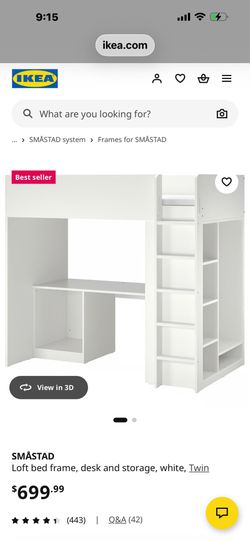 SMÅSTAD Loft bed frame, desk and storage, white, Twin