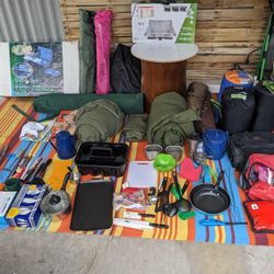 Large Lot Of Camping Supplies With Military Sleeping Bags