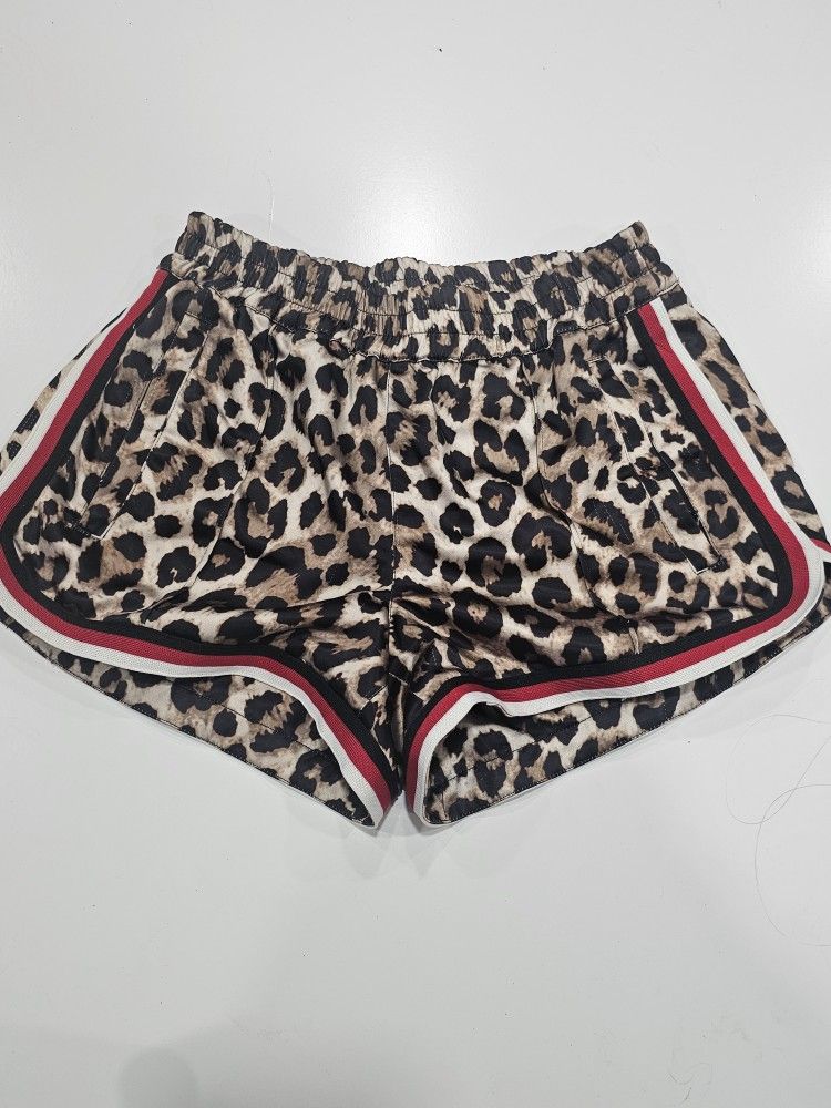 Pam & Gela Satin Leopard Print Track Dolphin Shorts w/ Pockets Size Small