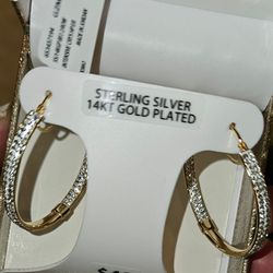 Womens 14k Gold Plated Sterling Silver Crystal Hoop Earrings 