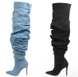 Denim thigh high boots