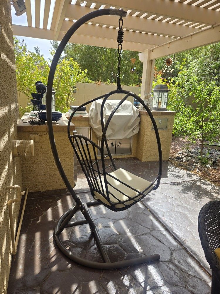 Pier One Walnut Color Wicker Swingasan With Metal Stand, Outdoor Cushion & Outdoor Protective Cover