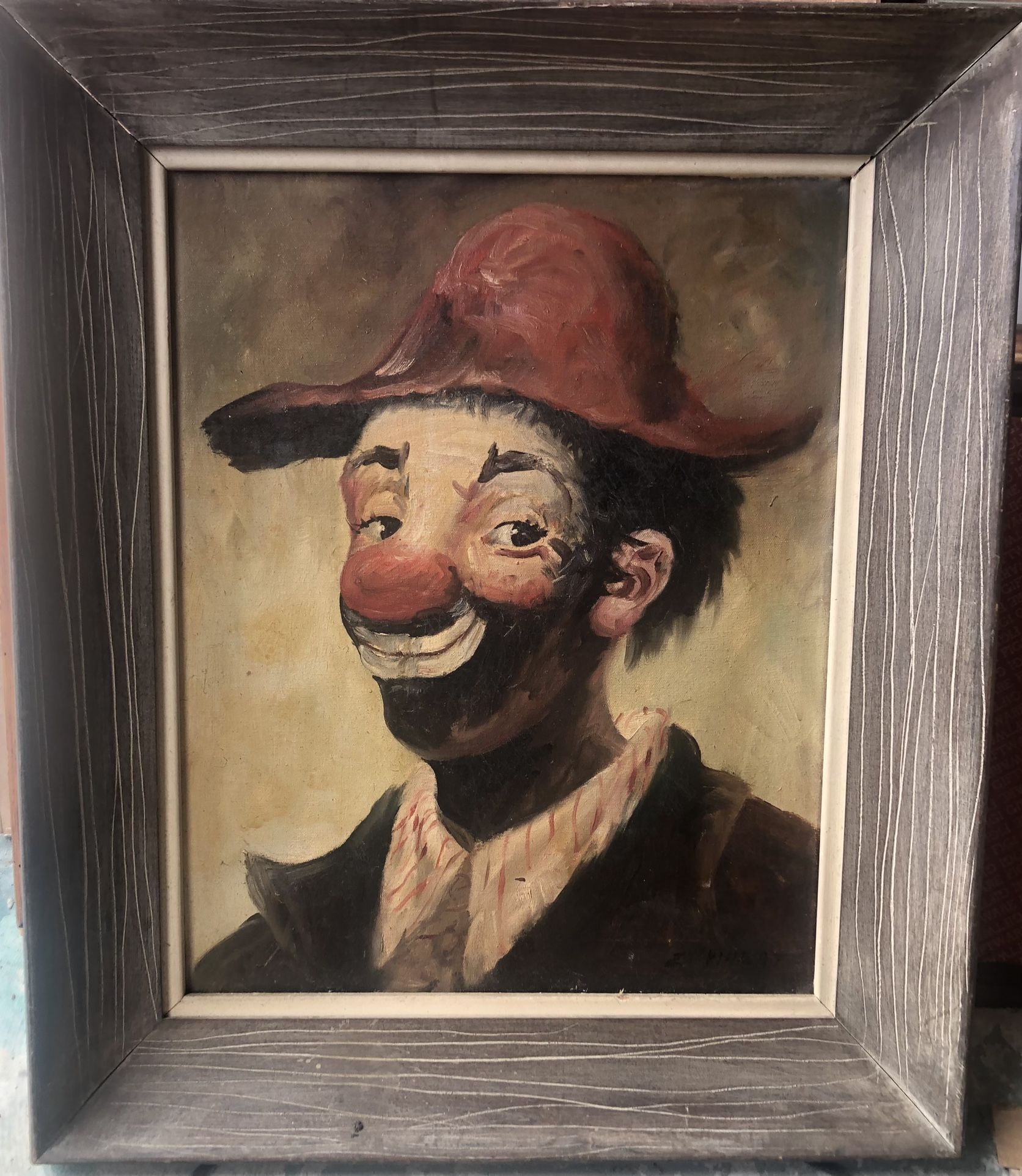 Nice 1950s Original Clown Oil Painting Signed - Framed On Canvas 22 X 26”