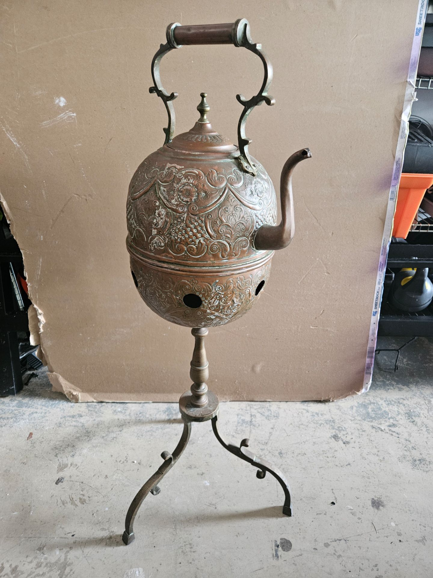 Antique Repousse Copper Tea Kettle on Tripod Stand with Brazier — 37" — 19th Century — Complete Set