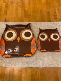 Vintage 1970s owl ceramic dishes by Mesa home products. 12 & 8 inches. Good condition. Halloween.