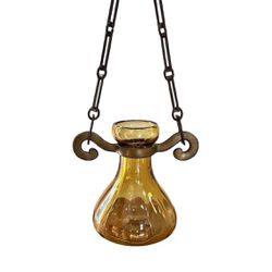 Rare Antique Art Glass Amber Hyacinth Bulb Forcer Hanging Plant Flower Vase With Raw Brass Holder & Chain Inside Outside Wall Decoration Rare