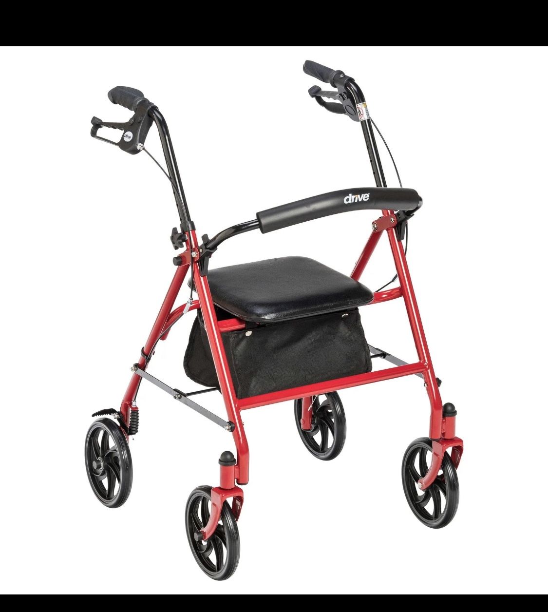 Red Drive rollator walker with seat and storage pouch.