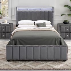 Grey velvet bed frame with usb charging ports and led lights on headboard nailhead trim fully slated brand new in box firm price Full $280 Queen $299