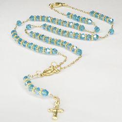 Rosary Light Blue Beads Necklace Gold Plated Blessed by Pope for Women