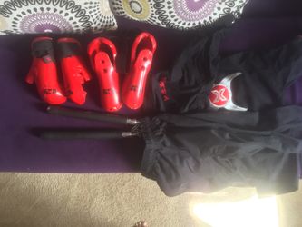 Karate package deal- uniform, gloves& shoes etc