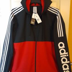 *"ADiDAS" ~ 'Essential'z / Training / ColorBlock / HooDed Wind-Breaker Jacket / Black&Scarlett / Men'z / Size = XL / (NEW) !"*