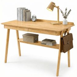 Solid Wood Writing Desk, Home Office Desk for Small Spaces, Mid Century Modern Desks with 2 Drawers & Storage Shelf, Standing Desk with Side Hooks for