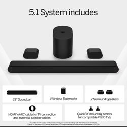 VIZIO 5.1 Soundbar , Wireless,  Subwoofer, And 2 Surround Sound Speakers - (SV510M-08): USB, HDMI, Bluetooth