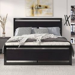 Queen Size Metal Platform Bed Frame with Wooden Headboard, 12.4" Under-Bed Storage, Black