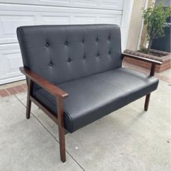 Black Faux Leather Wood Arm Loveseat Couch 