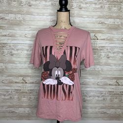 Women’s Disney Minnie Mouse Floral/Rose Pink Lace Up T-Shirt NEW