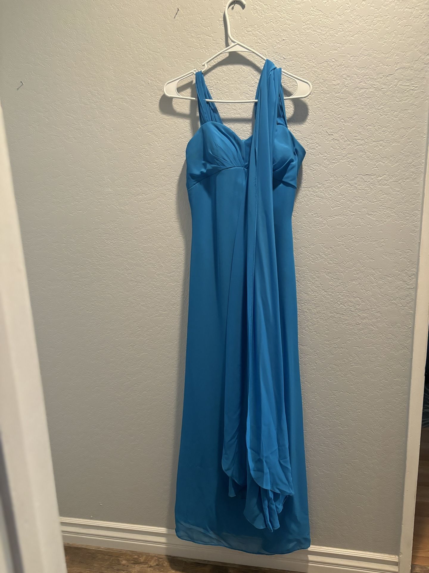 Blue Gown With Attached Scarf Accent