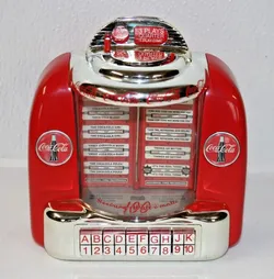 Vintage 1990's coca cola die cast diner style table top battery operated musical jukebox plays two jingle tunes like new located in palm springs ca ex