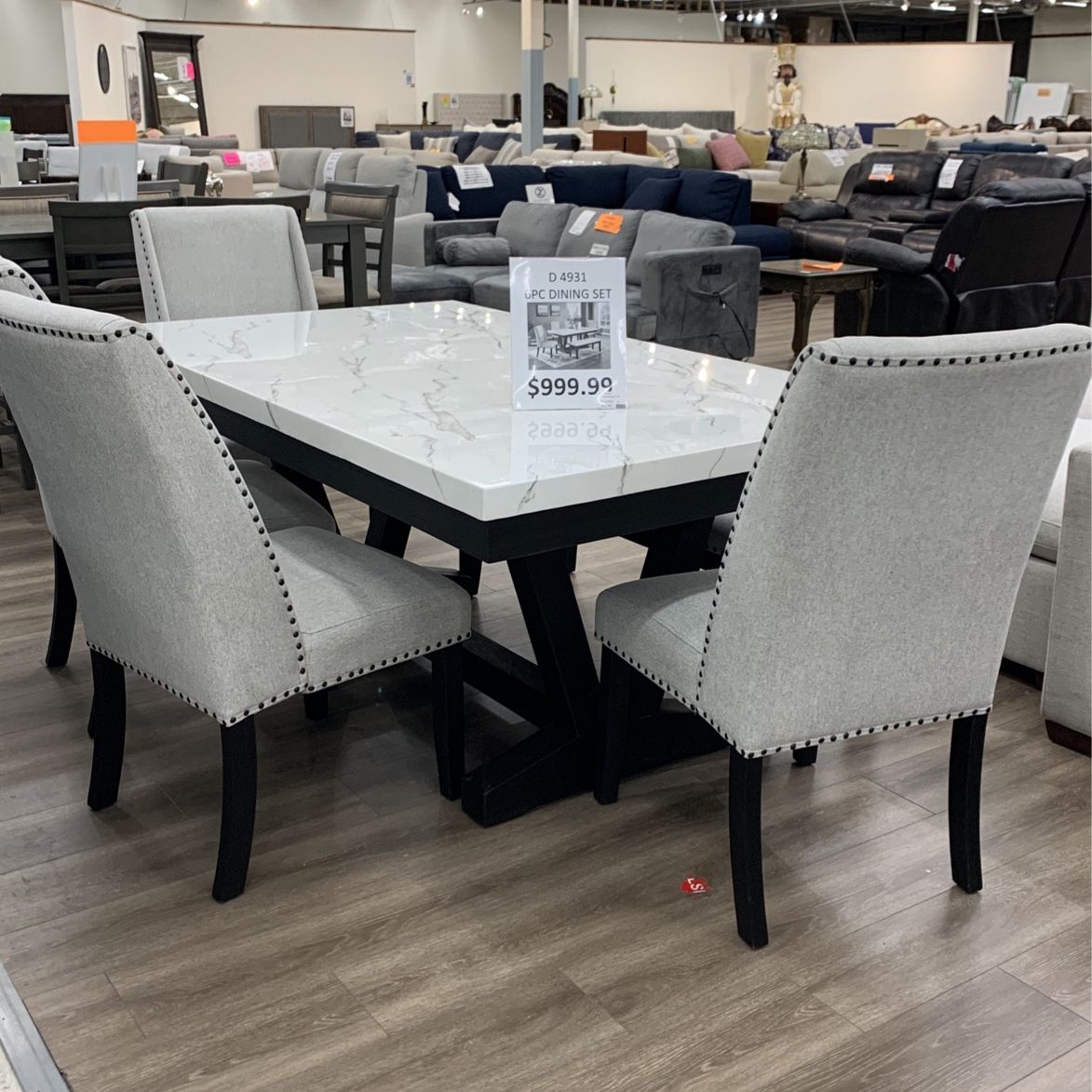 Marble Top Solid Wood Base Table 6 Piece Set 