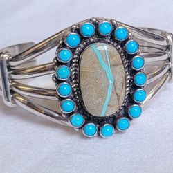 JOHNSON LARGO JL NATIVE AMERICAN NAVAJO STERLING SILVER TURQUOISE CUFF BRACELET 