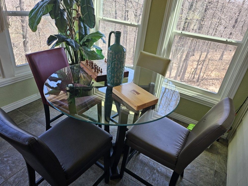 Tall Round Dining Table & Leather Chairs