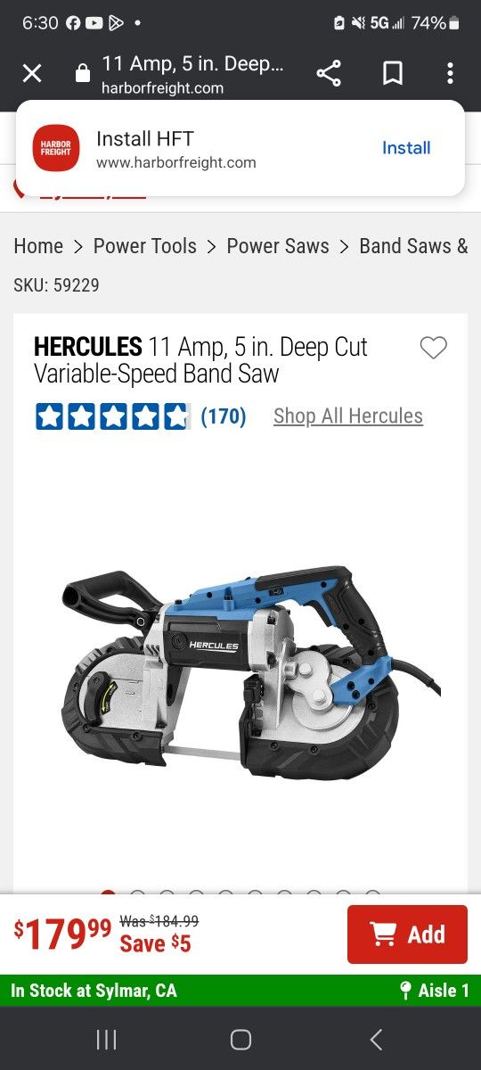 HERCULES 11 Amp, 5 in. Deep Cut Variable-Speed Band Saw