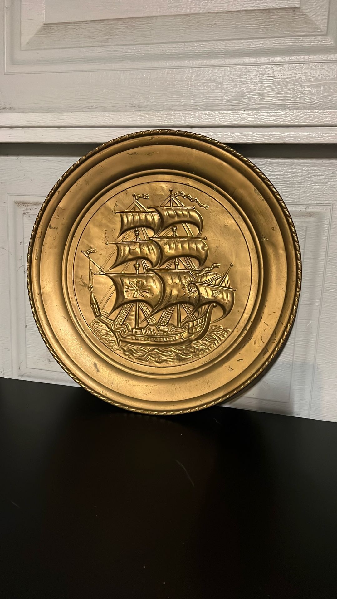 Vintage Brass Sailing Ship Wall Plaque