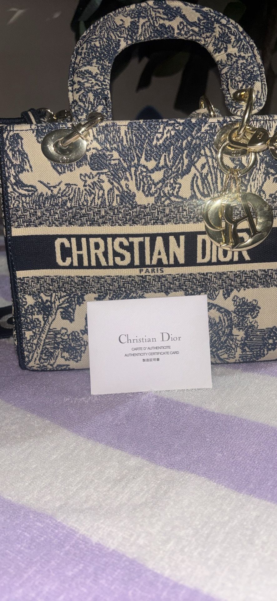 Authentic Dior: Medium Lady D-Lite Bag, Canvas Blue Toile de Jouy Embroider