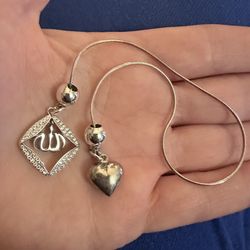 Sterling Silver Handmade Allah CZ Pendant w/ Puffy Heart Dangle Quran Muslim Bookmark Gift
