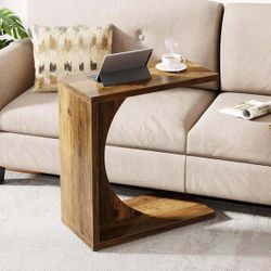 C-Shaped End Table for Couch, Sofa Side Table, C Table for Small Space (1, Rustic Brown)
