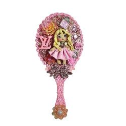 Handheld Beauty Makeup Mirror Clay Doll Bling Embellished Fashion Custom Pink
