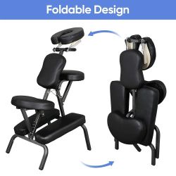 Portable Massage Chair, Tattoo Spa Therapy Chair, Adjustable, Black, PU Leather, Aluminum, Modern Style, 23"L x 18"W x 42"H, 250 Lbs Weight Capacity, 