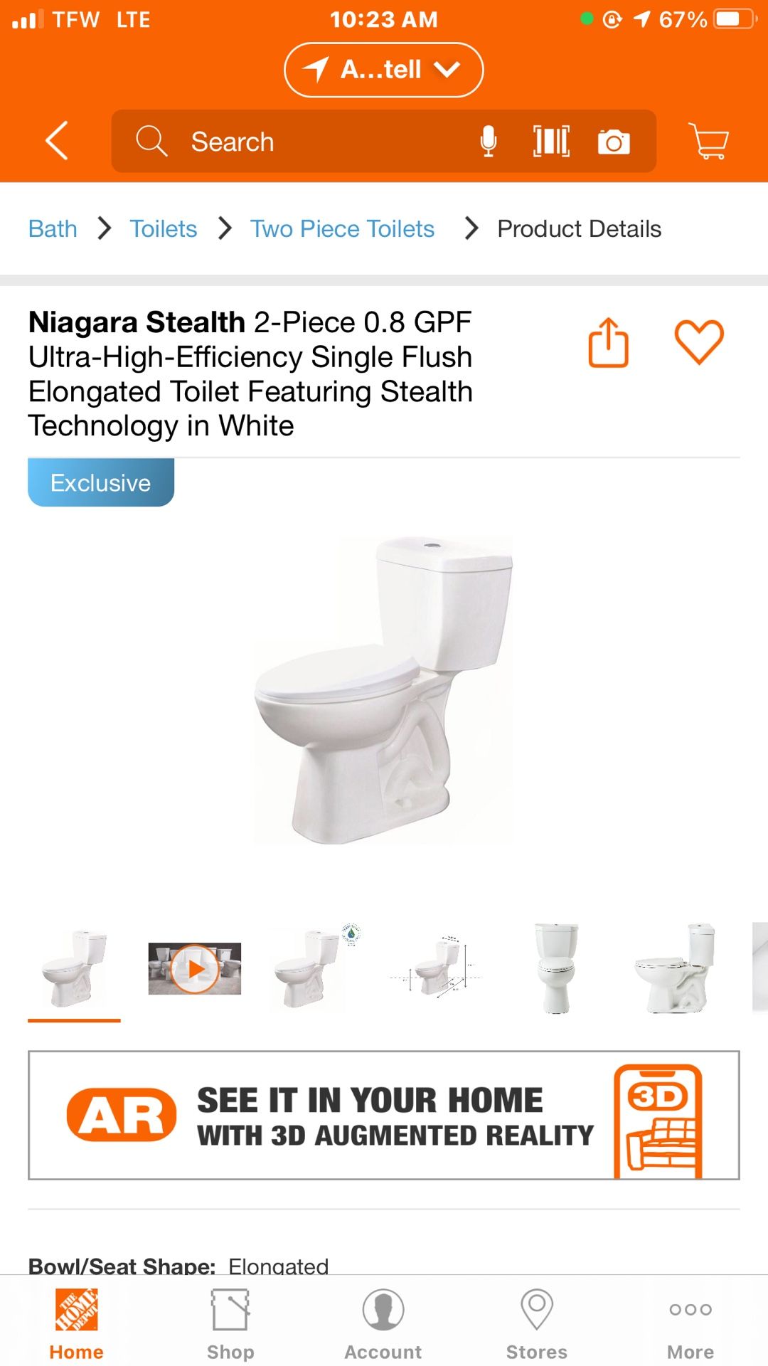 Niagara Stealth 2-Piece 0.8 GPF Ultra-High-Efficiency Single Flush Elongated Toilet Featuring Stealth Technology in White