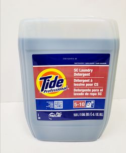 Professional- TIDE grade liquid laundry detergent concentrate in a 5-gallon (18.9 L) container. This blue liquid is part of the P&G ProLine series and