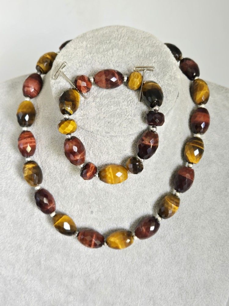 Vintage Sterling Silver Red and Brown Faceted Tiger's Eye Gemstone Necklace and Bracelet Set