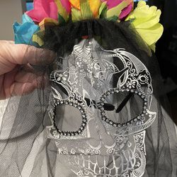 INCREDIBLE! Dia De Los Muertos Day Of The Dead Costume Headband Tulle Veil Halloween 