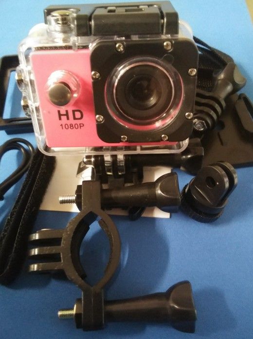 Pink 1080HD Sports Action Camera With Attachments 