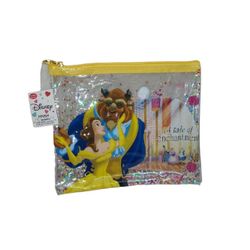 Disney Beauty And The Beast -Make up Bag/Pouch Clear Glitter Pouch 8⅝" × 7⅝" New