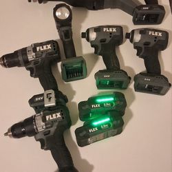 FLEX 24v Drills And Impact Drivers W Sawzall & Flashlight W Batteries 
