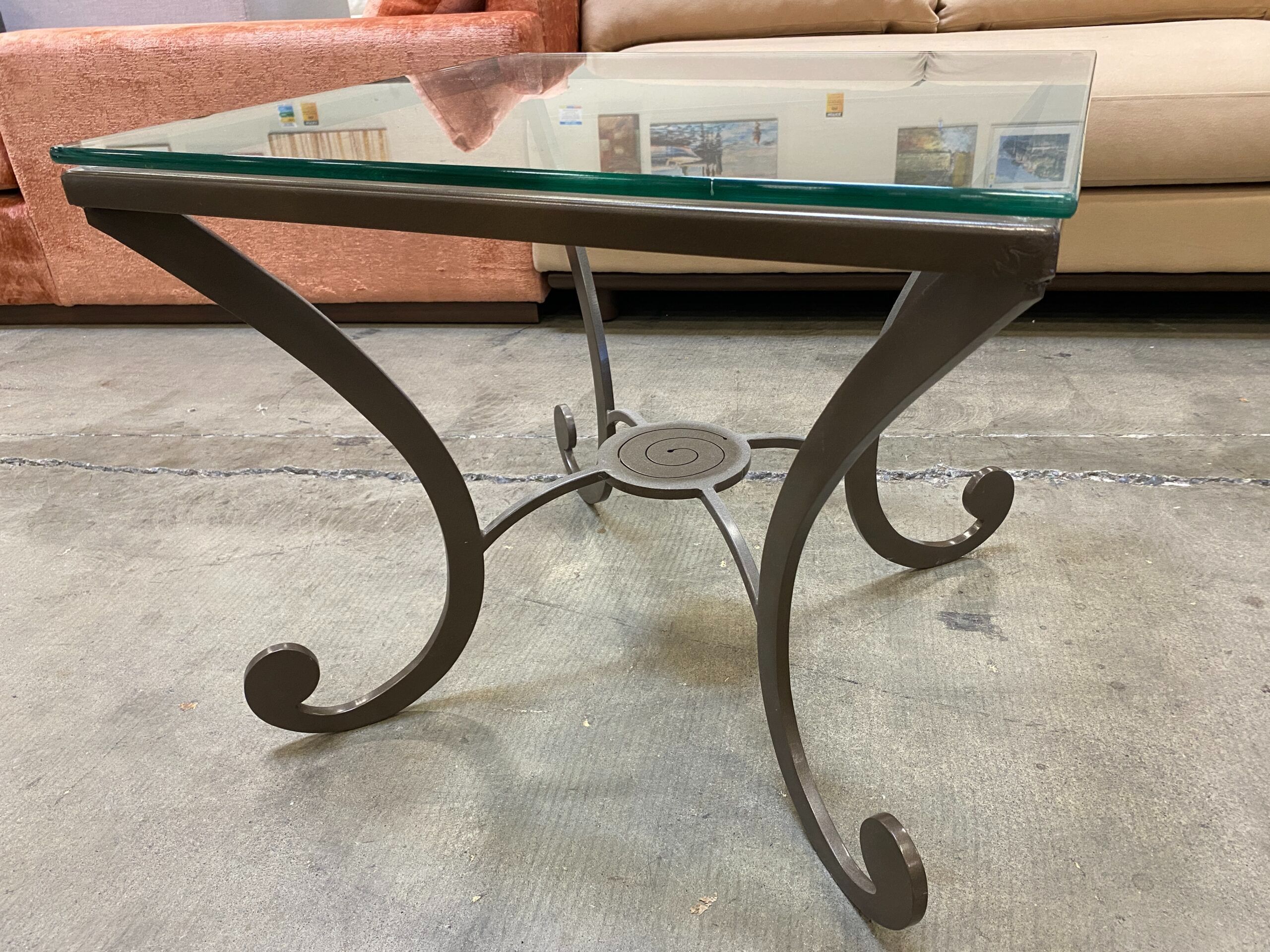 Wrought Iron Square End Table with Glass Top and Spiral Accent