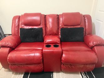 RED LEATHER THEATER-STYLE LOVESEAT — BOLD & BEAUTIFUL!