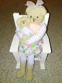 Hallmark Mom and Baby Bear sitting on a white wood rocking chair.