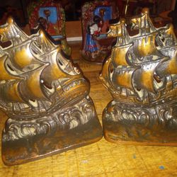 Antique Brass Bookends. Ship At Sea