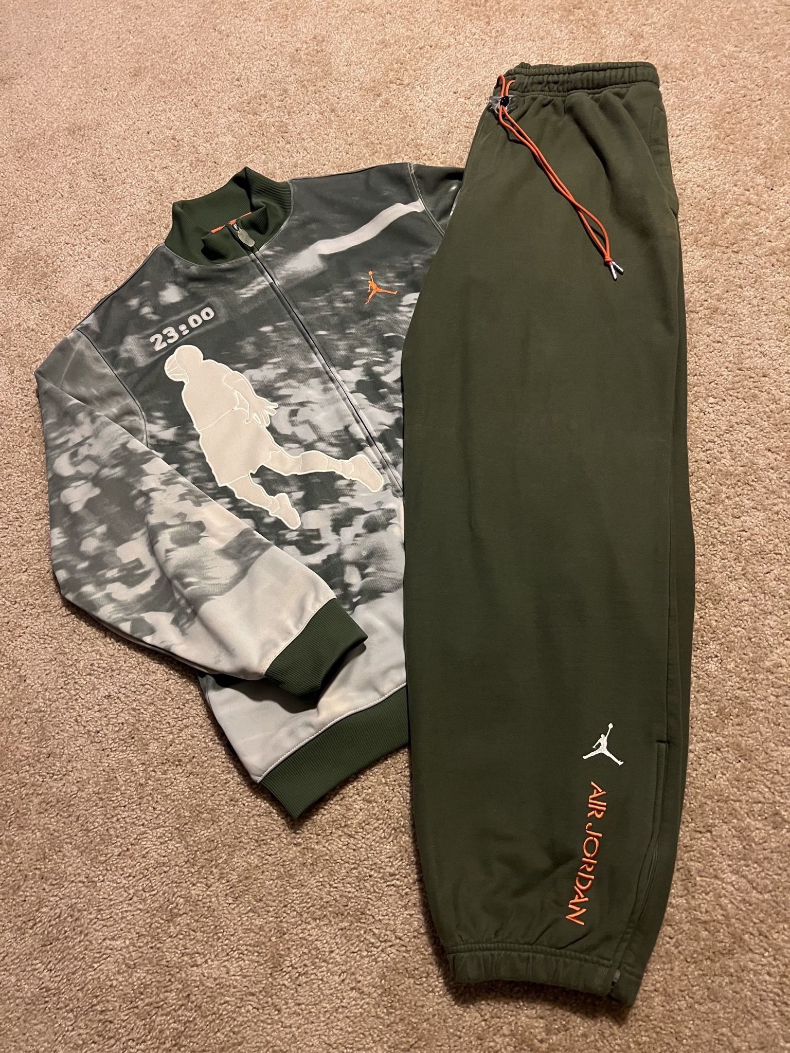 AIR JORDAN Olive Retro Fit / Matching 23:00 1988 Slam Dunk Contest Jacket XXL 2XL & Sweat Pants 3XL / Green & Orange 