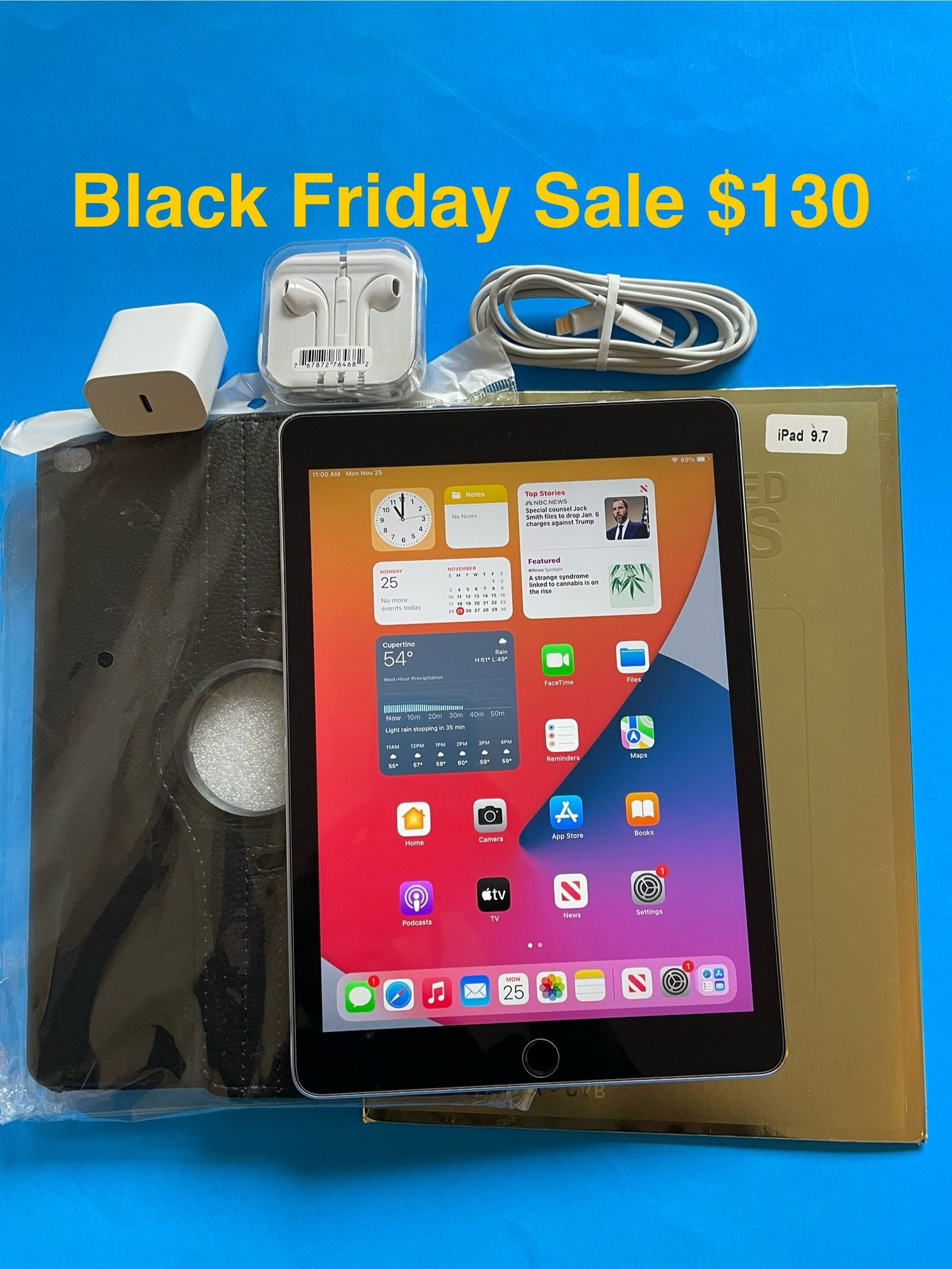128GB / 32GB Apple IPad 5th generation (9.7” Retina / Touch ID / iOS 16) with case, keyboard, glass & Accessories