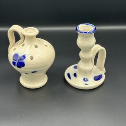 2 Williamsburg Pottery Pieces Candleholder & Jug/vase Salt Glazed Blue & White/