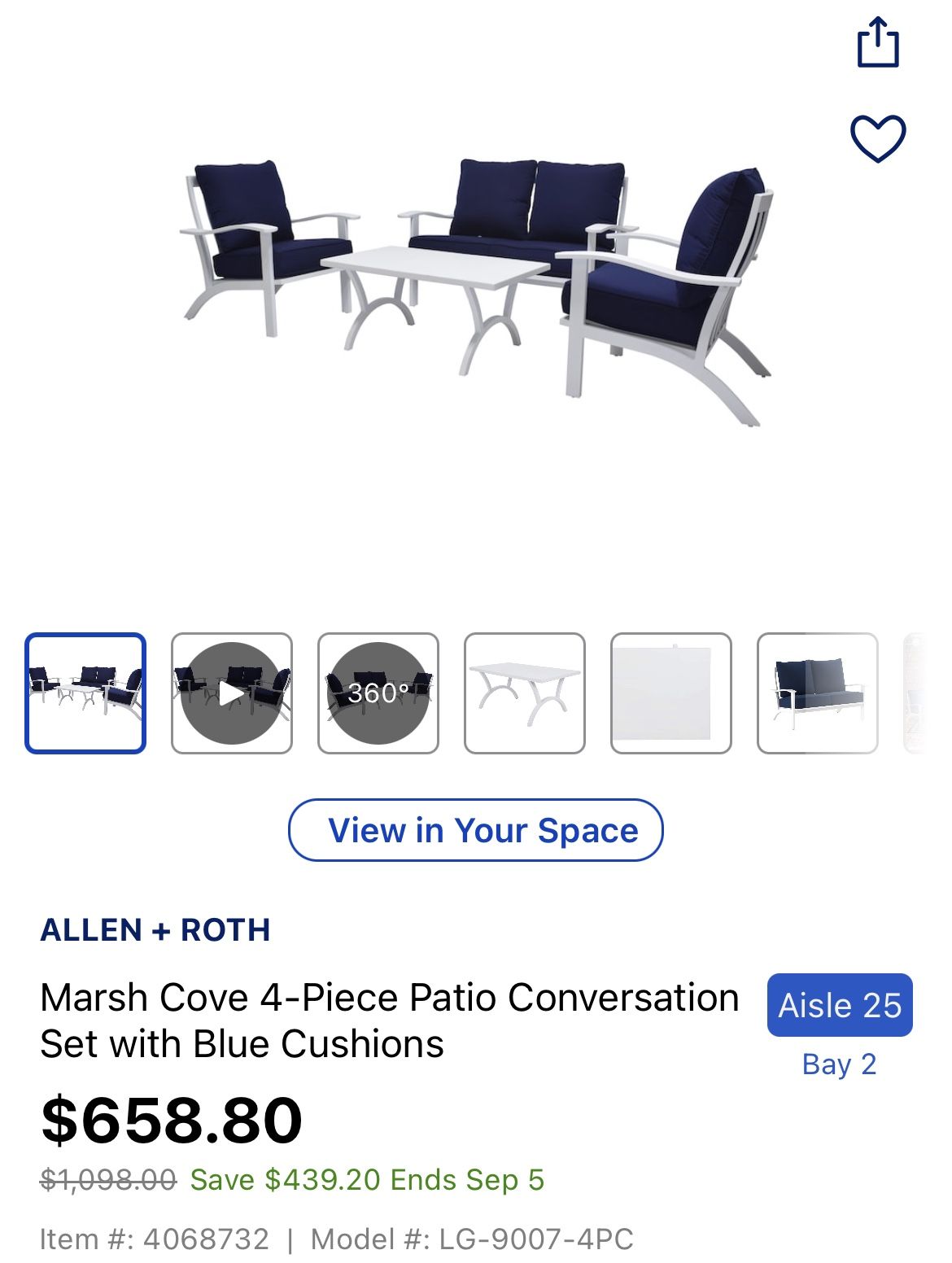 New In The Box ALLEN + ROTH Marsh Cove 4-Piece Patio Conversation Set with Blue Cushions