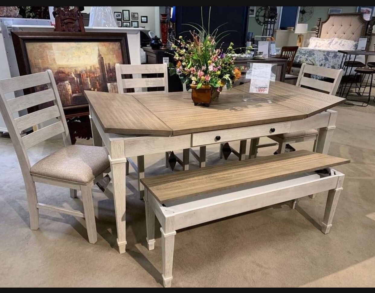 Two Tone Rectangular Kitchen Table & Chairs & Storage Bench Set 💫 Bran New 💯 Financing Available 👍 6 Piece Dining Room Set 💥