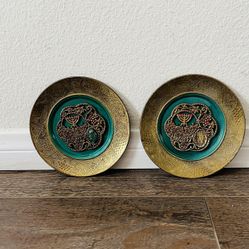 Vintage Israel Brass green enameled decorative plates diameter 6 inches 